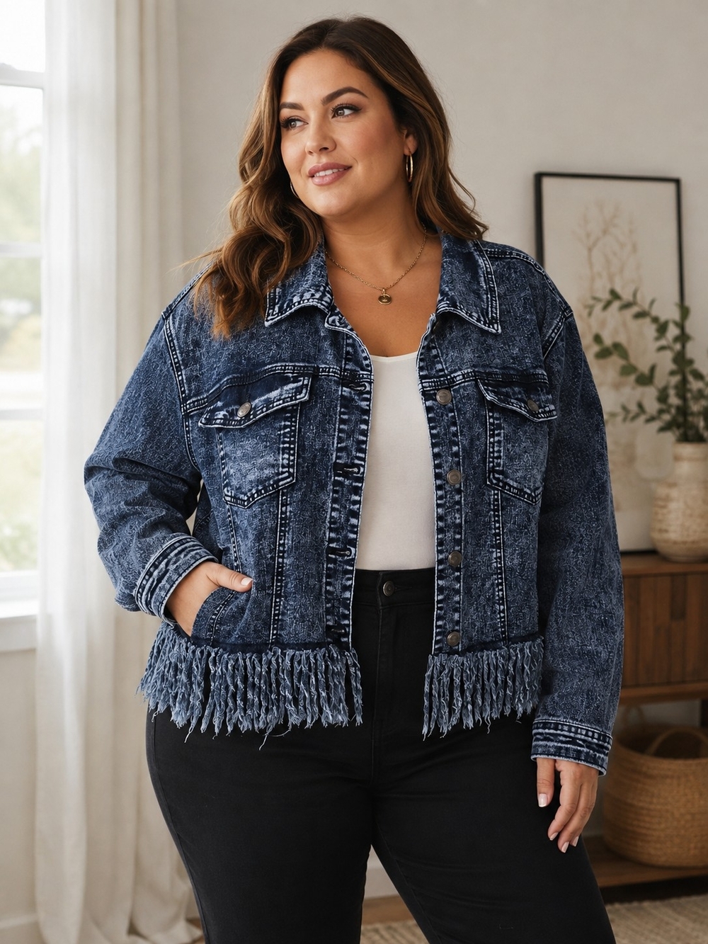 Crazy Train Denim Darlin Acid Wash Distressed Fringe Crop Jacket Plus Size 3X